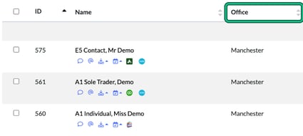 Client list filtered to the Manchester office, with the Office column highlighted