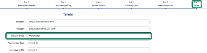 Terms step of a client record with Primary office set to Manchester; the Primary office field and the Terms step are highlighted