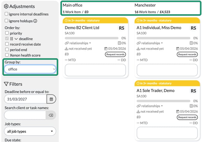 Jobs board grouped by office, with Group by set to office and the Main office and Manchester columns highlighted