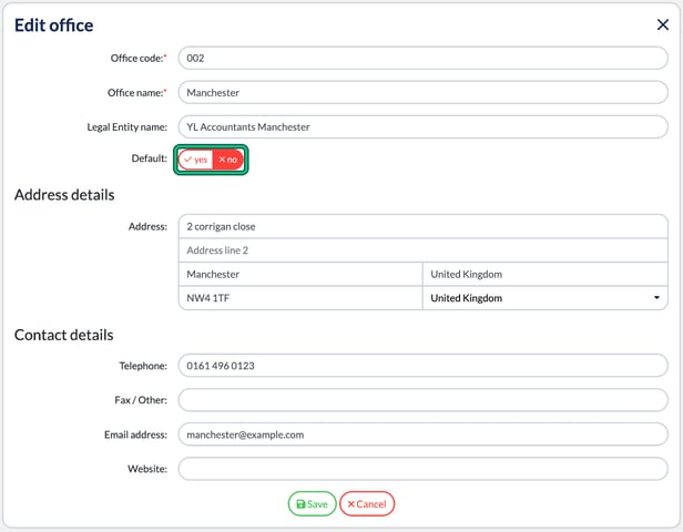 Edit office form for the Manchester office, showing office code, office name, legal entity name, the Default switch (highlighted), address and contact details