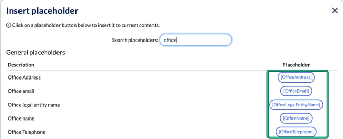 Insert placeholder window searched for office, listing the OfficeAddress, OfficeEmail, OfficeLegalEntityName, OfficeName and OfficeTelephone placeholders, highlighted