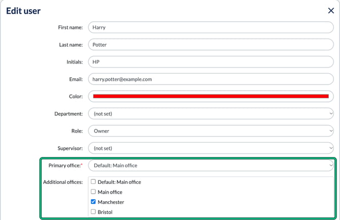 Edit user form with Primary office set to the default Main office and Manchester ticked under Additional offices; both fields highlighted