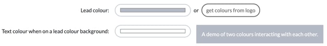 Lead colour and Text colour when on a lead colour background fields, with the get colours from logo button and a preview of the two colours together