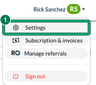 User menu under the user's name with Settings highlighted as step 1