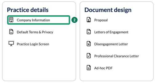 Practice details card in Settings with Company Information highlighted as step 2