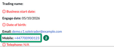 Client summary with the client's mobile number shown as a clickable link, highlighted as step 2