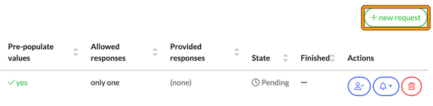 Client Form requests table showing a pending request, with the + new request button highlighted