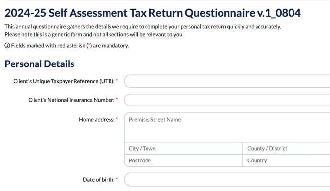 Preview of the 2024-25 Self Assessment Tax Return Questionnaire showing the start of the Personal Details section: UTR, National Insurance Number, home address and date of birth