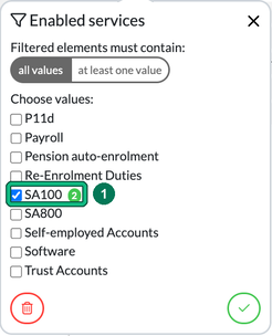 Enabled services filter with SA100 ticked