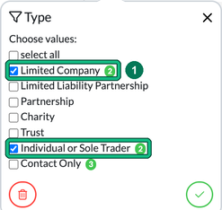Type filter with Limited Company and Individual or Sole Trader ticked