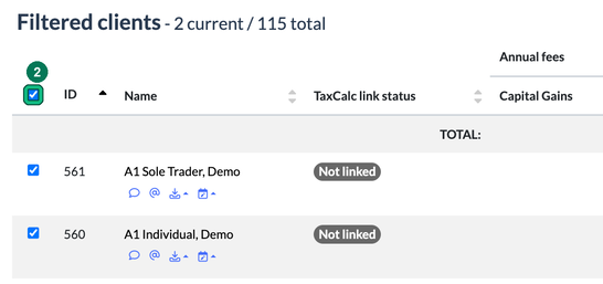 Filtered client list of 2 clients with the select-all checkbox ticked and highlighted