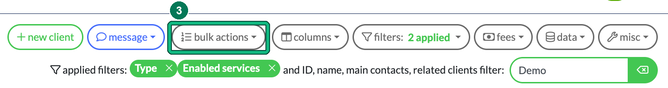 Client list toolbar with the Type and Enabled services filters applied and the bulk actions button highlighted