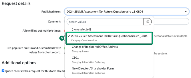 Published form dropdown with the 2024-25 Self Assessment Tax Return Questionnaire selected