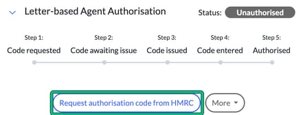 Letter-based Agent Authorisation with status Unauthorised and steps Code requested to Authorised, with Request authorisation code from HMRC highlighted