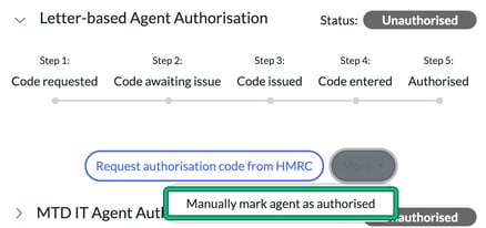 More menu under Letter-based Agent Authorisation with Manually mark agent as authorised highlighted