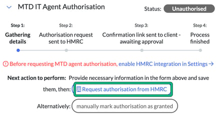 MTD IT Agent Authorisation in a client's Tax References showing the four steps, with Request authorisation from HMRC highlighted