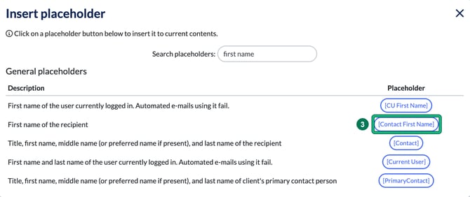 Insert placeholder window filtered on first name, with the Contact First Name placeholder highlighted as step 3