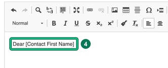 Template body showing Dear followed by the Contact First Name placeholder, highlighted as step 4