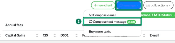 Clients list message menu open, with the message button highlighted and Compose text message, showing 95 texts left, highlighted as step 2
