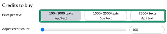 Credits to buy section with the Price per text tiers of 6p, 5p and 4p per text highlighted, and Adjust credit count set to 100