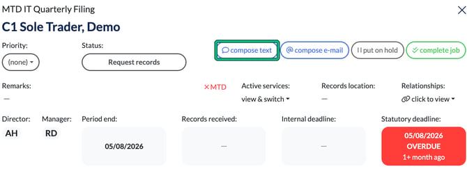 Job card for a demo client with the compose text button highlighted, next to compose e-mail, put on hold and complete job