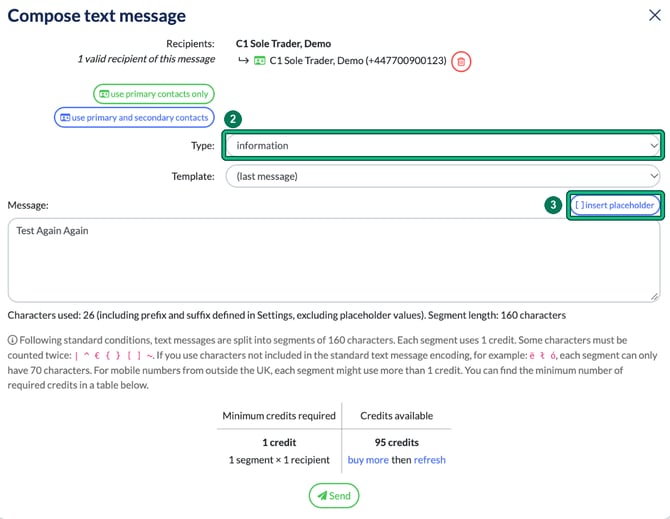Compose text message window for one demo client, with Type set to information highlighted as step 2 and the insert placeholder button highlighted as step 3, above the characters used and credits table