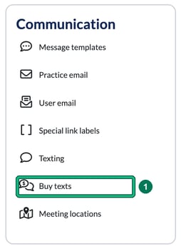 Communication settings card with Buy texts highlighted as step 1