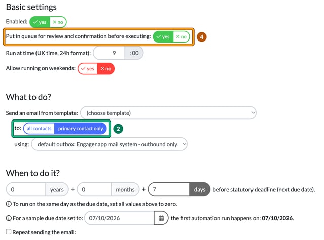 Create auto reminder form showing Basic settings, What to do? and When to do it?, with the to: choice of all contacts or primary contact only highlighted as step 2 and the Put in queue for review and confirmation before executing: setting highlighted in amber as step 4