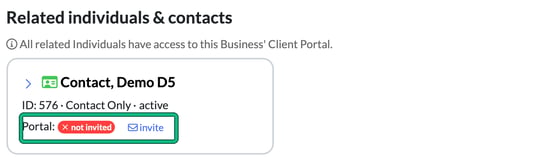 Related individuals and contacts on a company record, showing a Contact Only person with Portal not invited and the invite link highlighted