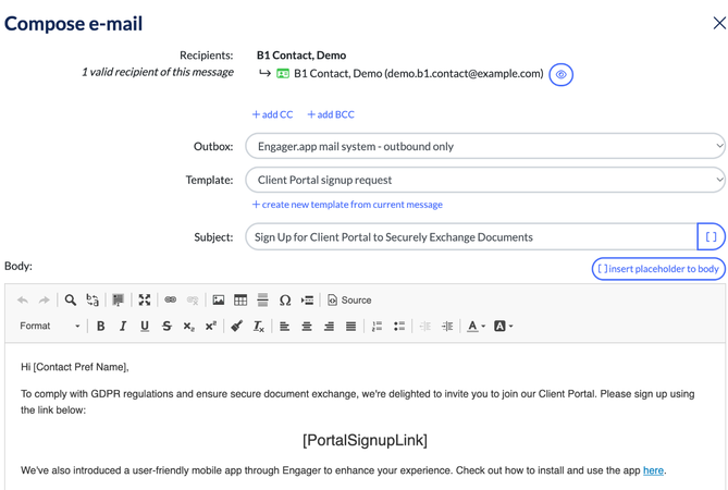 Compose e-mail for a single contact's portal invite using the Client Portal signup request template, with the PortalSignupLink placeholder in the body