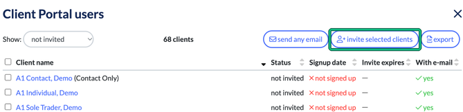 Client Portal users list filtered to not invited, with send any email, invite selected clients and export buttons, and invite selected clients highlighted