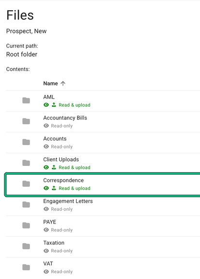 Client Portal Files page at the root folder, listing shared folders labelled Read and upload or Read-only, with the Correspondence folder highlighted