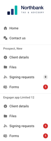 Client Portal menu with Home and Contact us, then Client details, Files, Signing requests and Forms listed under each client