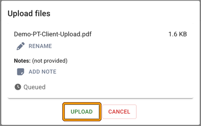 Client Portal Upload files window with a queued PDF, the RENAME and ADD NOTE options, and the UPLOAD button highlighted