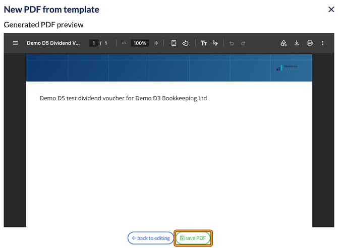 Generated PDF preview of a demo dividend voucher with the save PDF button highlighted