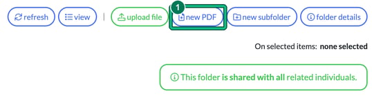 File browser toolbar in the Correspondence folder with new PDF highlighted as step 1