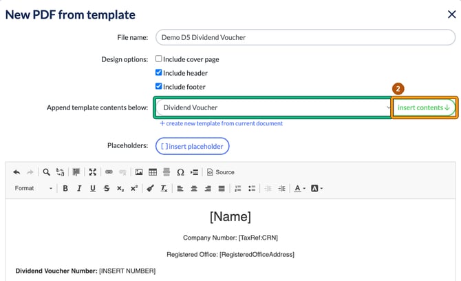 New PDF from template with Dividend Voucher chosen in the template dropdown and insert contents highlighted as step 2, and the voucher text with its placeholders in the editor