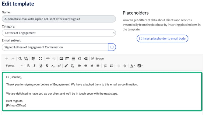Edit template for the automatic signed LoE email, with the email body where you add your message highlighted
