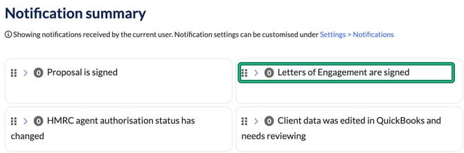 Notification summary page with the Letters of Engagement are signed card highlighted