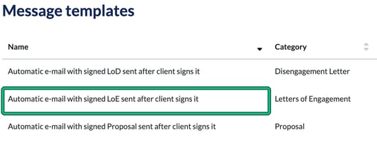 Message templates list with Automatic e-mail with signed LoE sent after client signs it highlighted