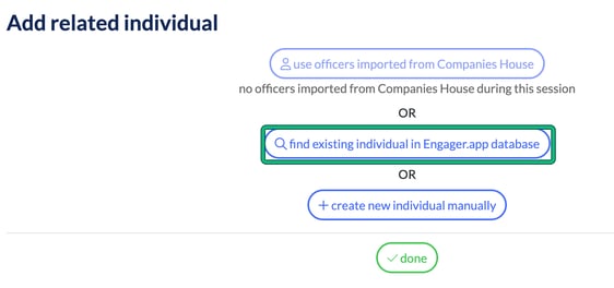 Add related individual window with options to use Companies House officers, find an existing individual or create a new one, with find existing individual highlighted