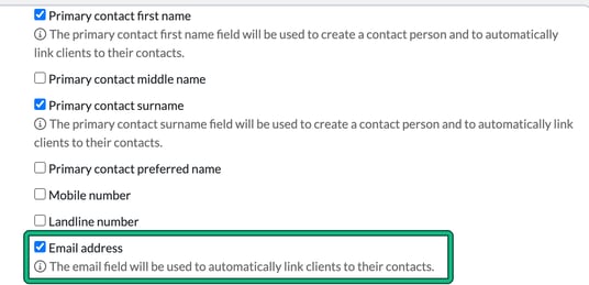 Limited Company import fields for the primary contact's first name, surname and email address, each noting it is used to link clients to their contacts, with Email address highlighted