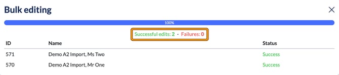 Bulk editing result at 100% for two demo clients, with Successful edits: 2 and Failures: 0 highlighted and both clients marked Success