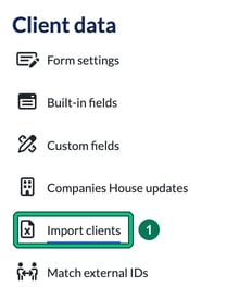 Client data settings menu with Import clients highlighted as step 1