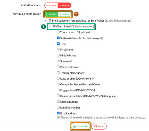 Import File Creation with Individual or Sole Trader set to include highlighted as step 2, the expanded Client Info group highlighted as step 3 with Status, Title, First Name, Surname and Email address ticked, and the Generate button highlighted