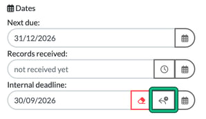 Dates section with Next due 31/12/2026 and Internal deadline 30/09/2026, with the set from auto internal deadline rule arrow button highlighted
