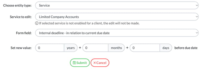 Bulk editing set to entity type Service, service Limited Company Accounts and form field Internal deadline - in relation to current due date, with years, months and days before due date and Submit and Cancel buttons