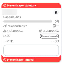 Job card with a statutory deadline bar at the top and an internal deadline bar at the bottom, with the client name blurred