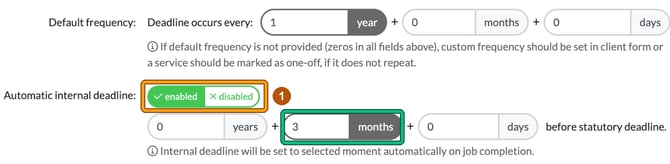 Edit service showing Automatic internal deadline set to enabled, highlighted in amber as step 1, and 3 entered in months before statutory deadline, also highlighted