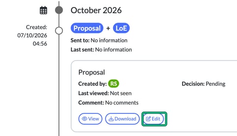 Draft Proposal plus LoE envelope on a client's timeline, with the Proposal card's Edit button highlighted